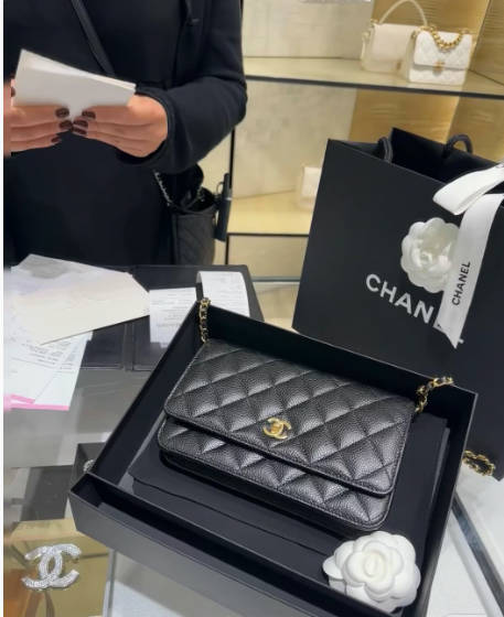 CHANEL香奈儿25新款扭转扣 WOC发财包荔枝纹牛皮黑金斜跨链条包